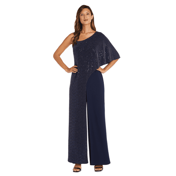 R&M Richards Women's Juniors Asymmetric Jumpsuit with Sequined Overlay and Draped Shoulder