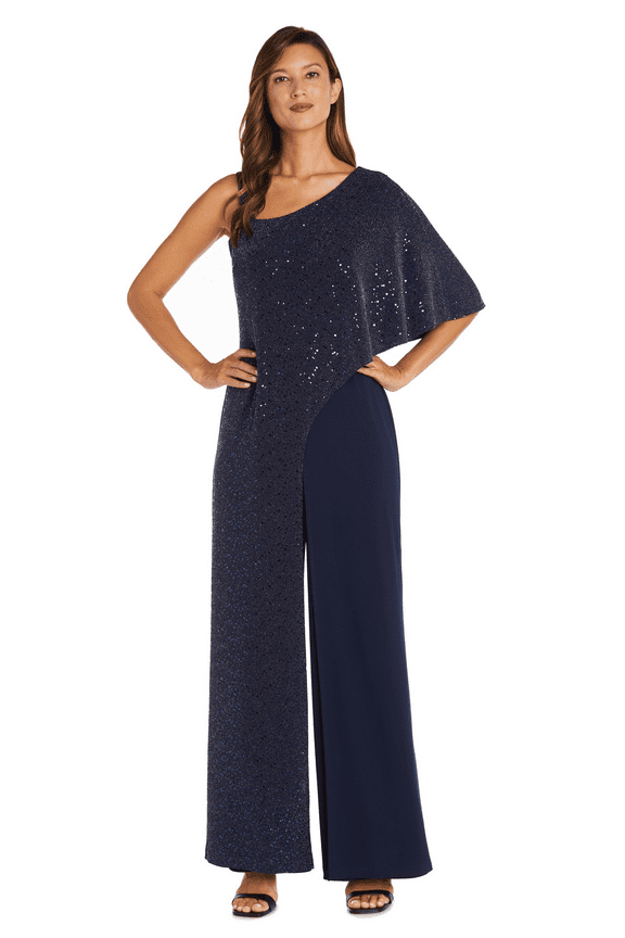 Women's Juniors Asymmetric Jumpsuit with Sequined Overlay and Draped Shoulder