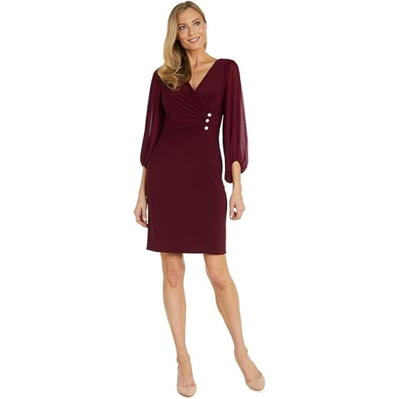 R&M Richards Women's Knee Length Cinched Waist Cocktail Dress, Merlot