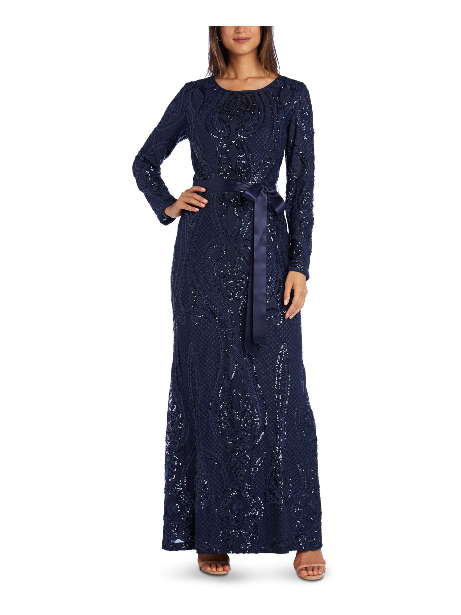 R&M Richards Women's Navy Sequined Zippered Long Sleeve Jewel Neck  Full-Length Formal Dress Petites - Walmart.com