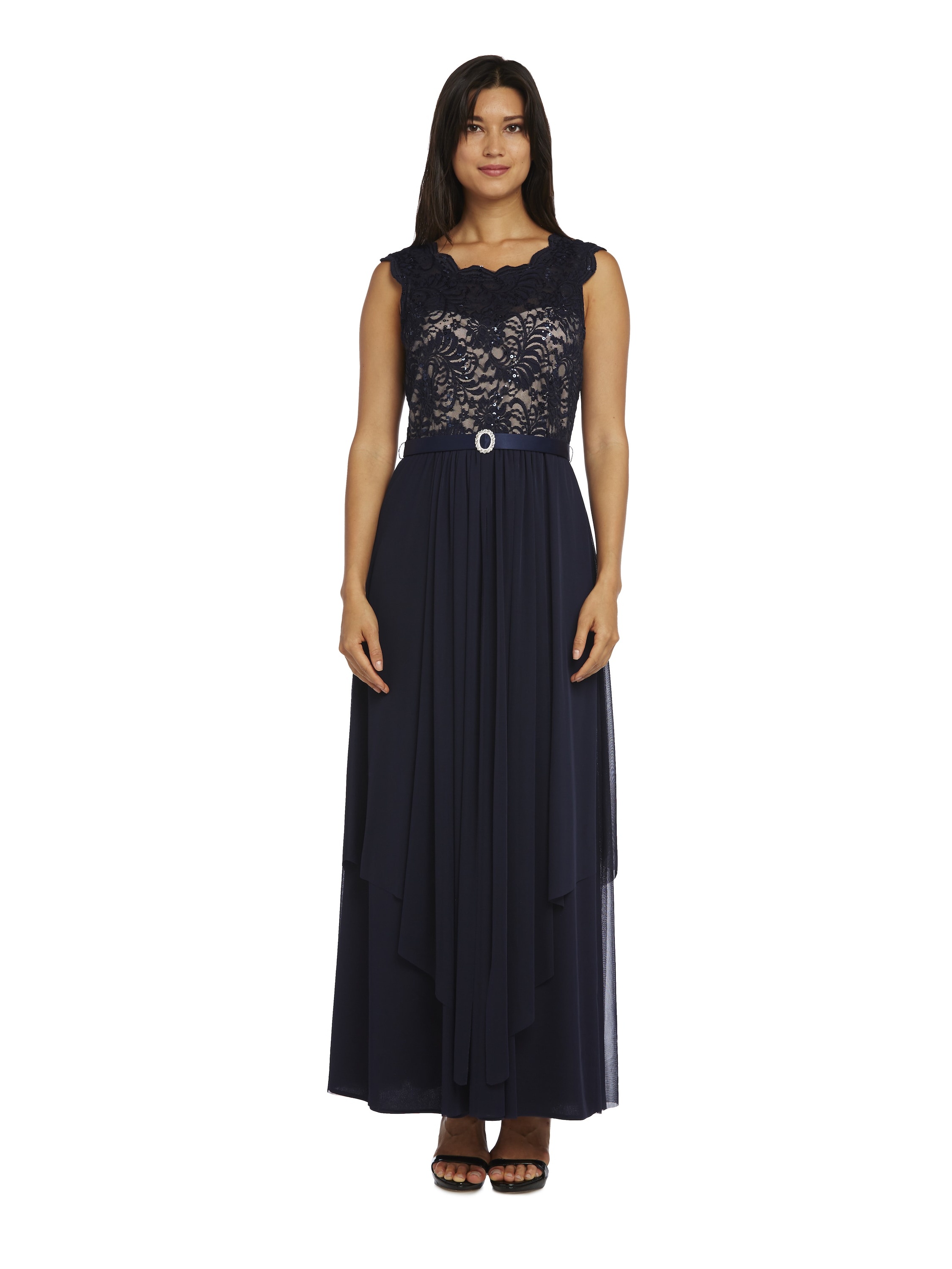 R & M Richards Women's Sequin Lace Embroidered A-line Dress, Navy/Taupe ...