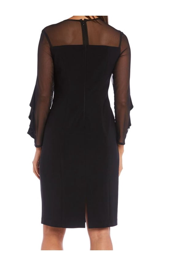 Womens Knee-Length Dress With Sheer Details And Ruffled Sleeves Size 10P Color Black