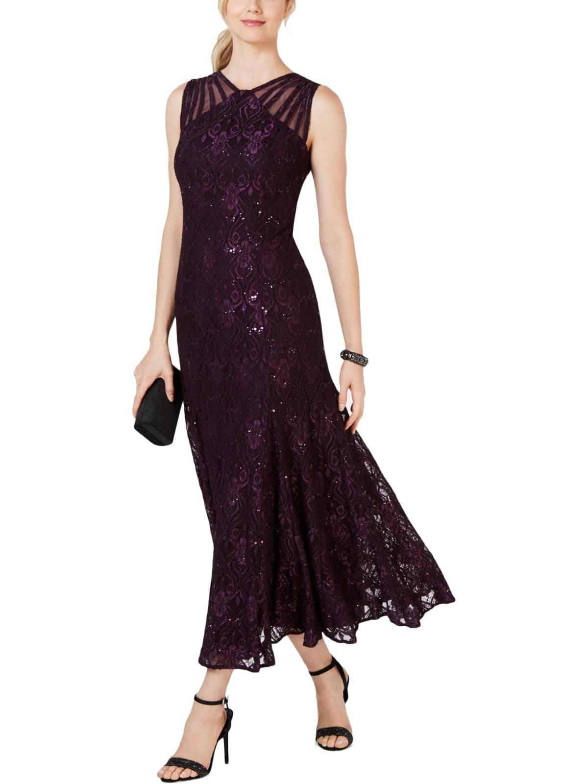 r and m richards lace dress R & M Richards Off-The-Shoulder Lace Gown - Navy