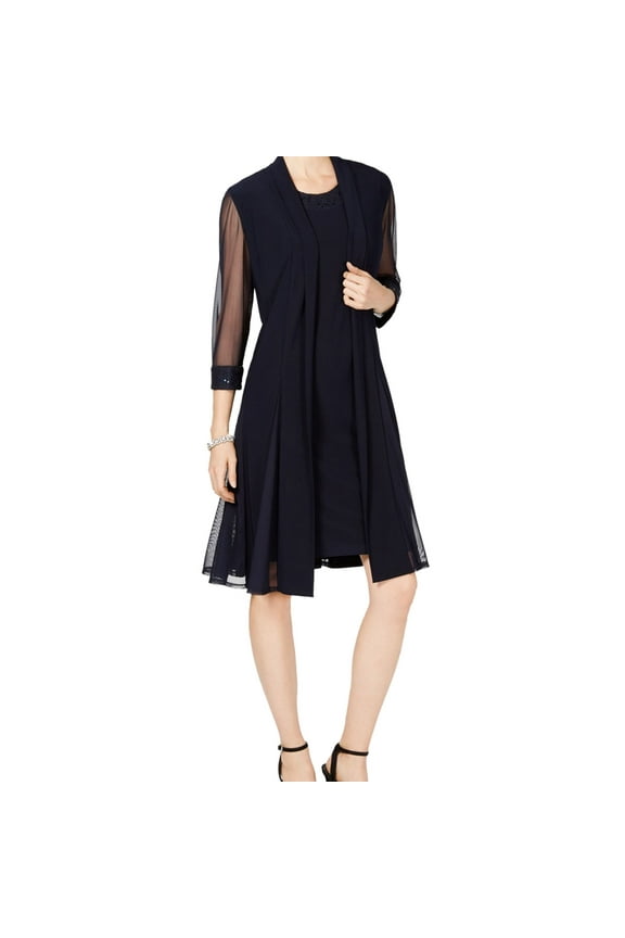 R & M Richards Womens Lace Trim Shift Dress, Blue, Petite, 8P