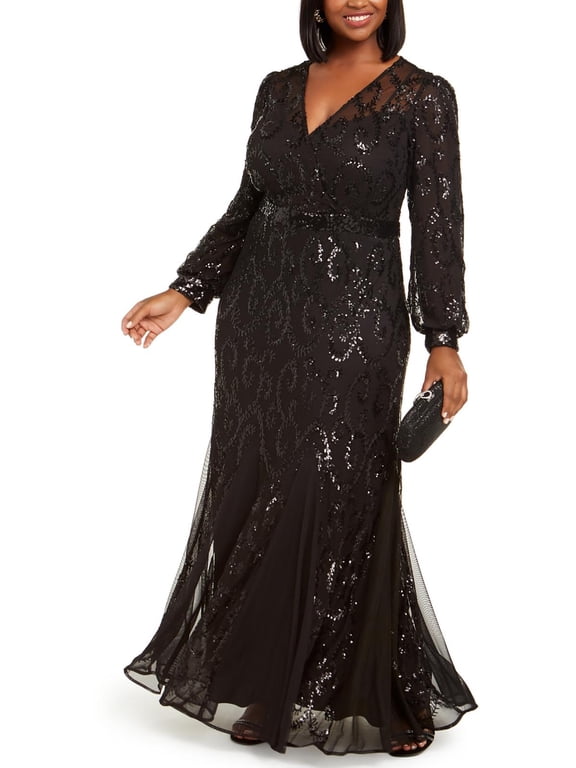 Womens Plus Sequined Surplice Evening Dress