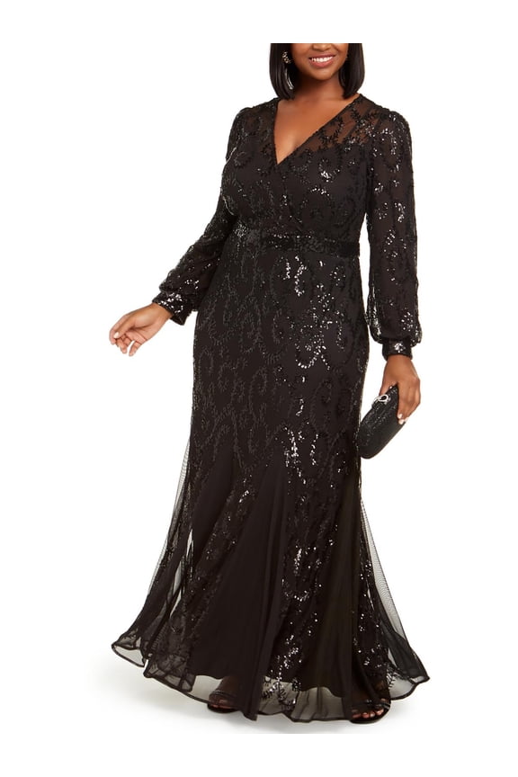 Womens Plus Sequined Surplice Evening Dress