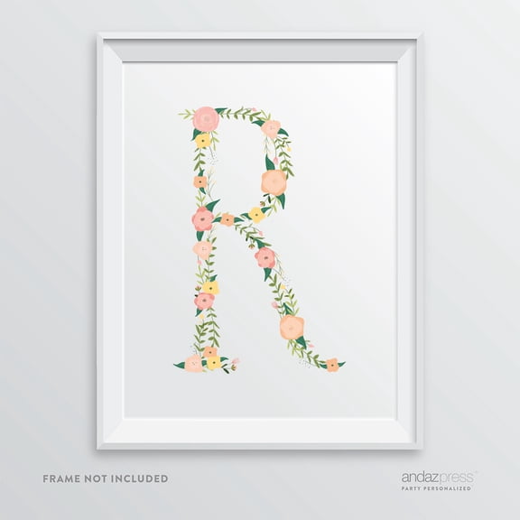 R Monogram Wall Art Letters, Coral Floral Roses
