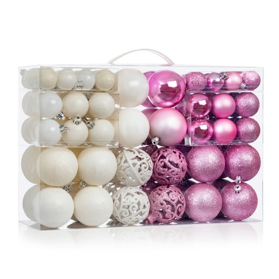 R N' D Toys 100 Pink and White Christmas Ornament Balls Shatterproof + 100 Metal Ornament Hooks, Hanging Ornaments for Indoor/Outdoor Christmas Tree, Holiday Party, Home Décor