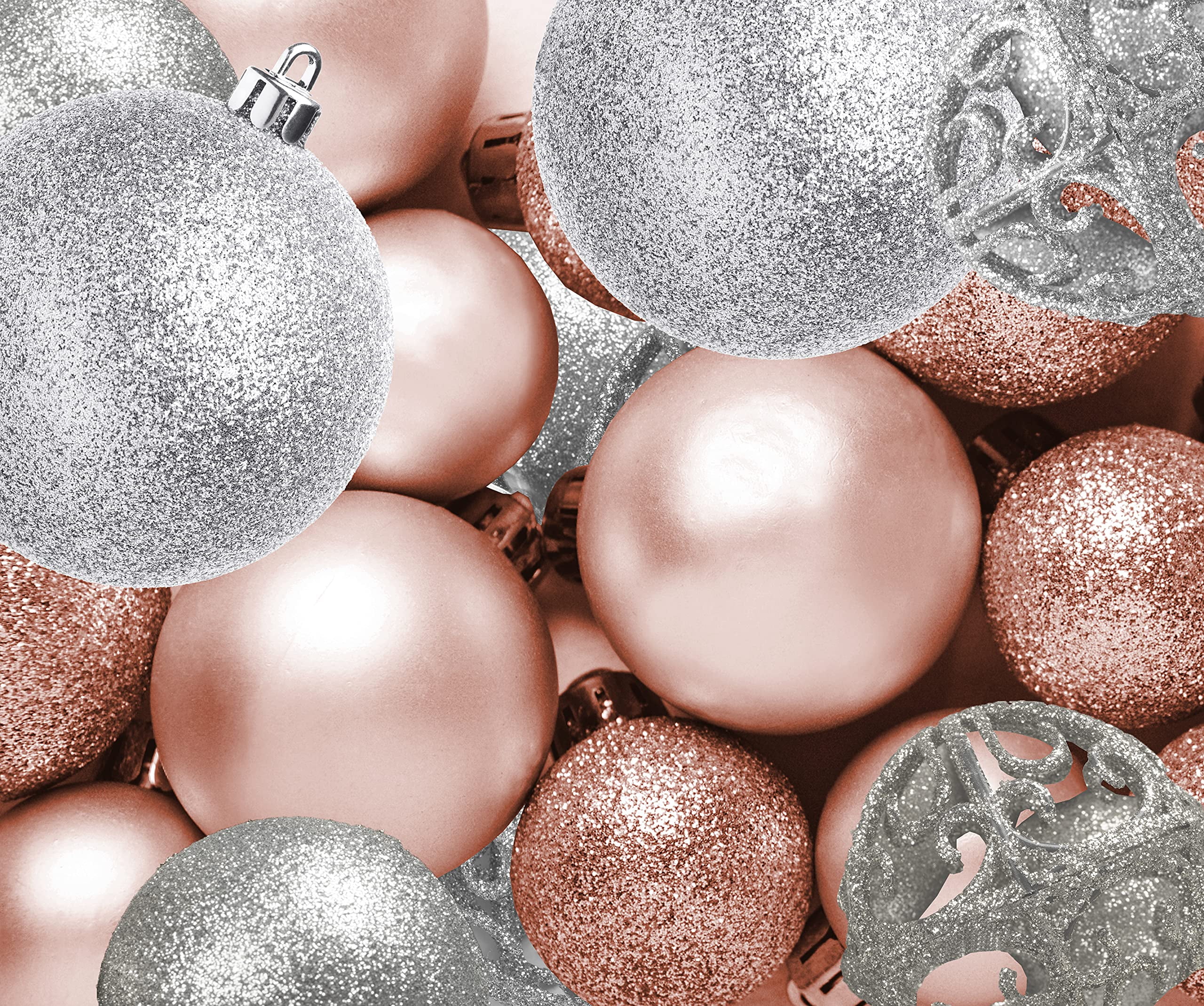 Rose Gold and Silver Shatterproof Christmas Ornament Set with Metal Hooks