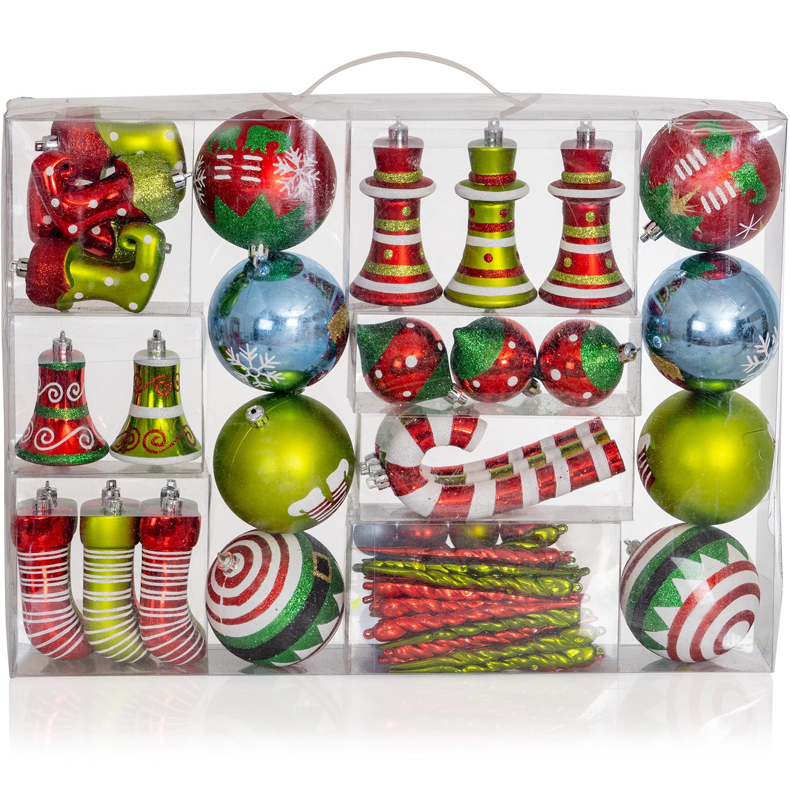 Elf Themed Shatterproof Plastic Christmas Ornament Set - 67 Pieces