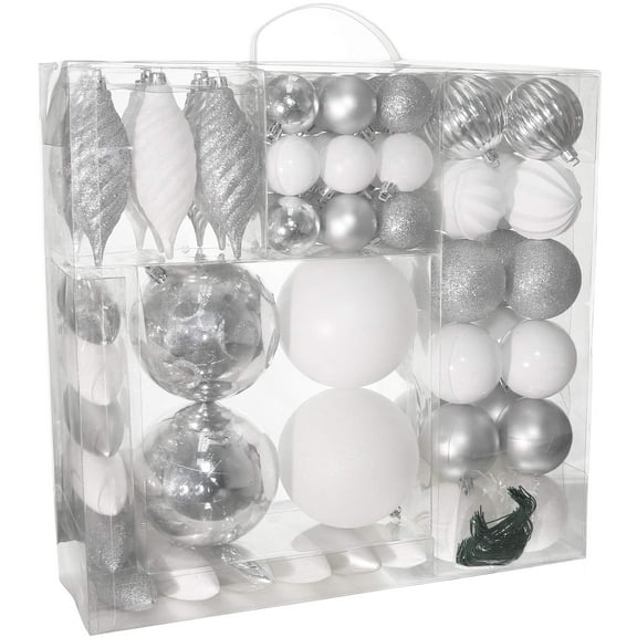 R N' D Toys RND Christmas Hanging Ball Ornaments  Assorted Colors Christmas Ball Tree Ornament Set with Hook (White & Silver)