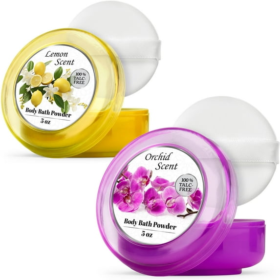 R-NEU 2 Pack Talc-Free Body Powder with Powder Puff, Luminous Lemon & Majestic Orchid, 10 Oz