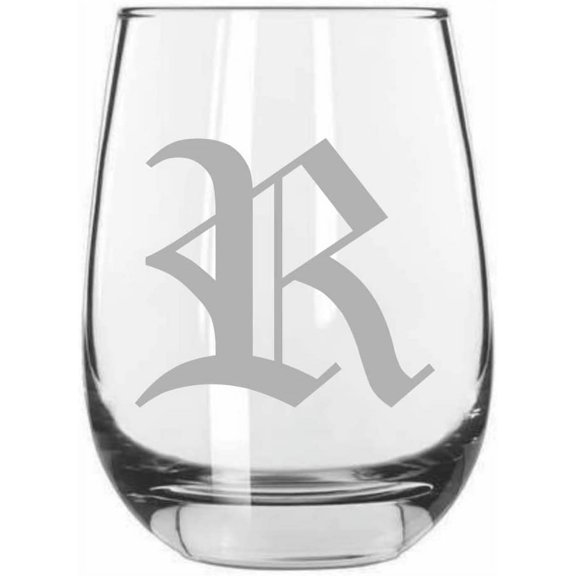 R Old English Monogrammed Etched 15.25oz Libbey Stemless Wine Glass
