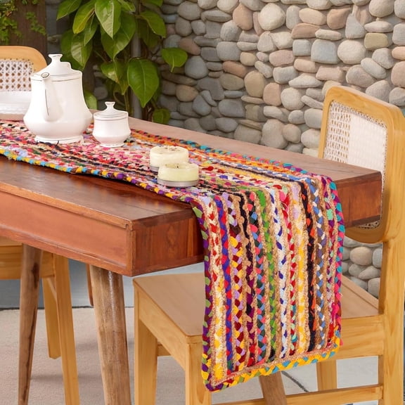 (R) Pack of 1 Handwoven Rectangle Braided Jute Table Runner 13x36 Inch, Reversible Multicolor Chindi Rustic for Decor, Kitchen, Indoor & Covered Door Entrances