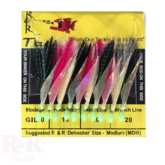 R & R Tackle Mono 10HK FISH SKIN SABIKI GOGGLE EYE RIG #15 NOCTURNAL MULTI COLORED FEATHER- 40/20