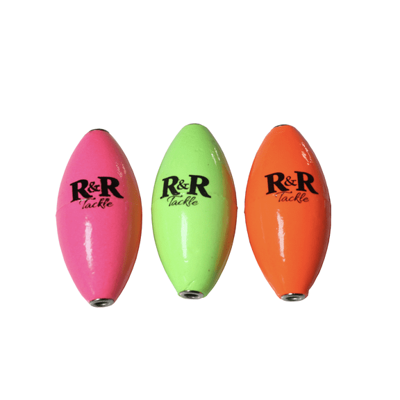 R & R Tackle Kite Fishing Floats UV Multi-Color (Pk, Or, Lime) with Nickle Plated Copper Inserts - 12 pk