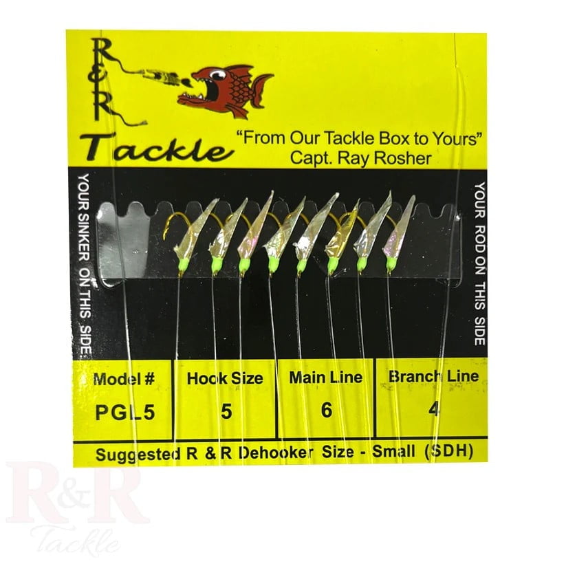 R & R Tackle (10 Pack) Size 5 Monofilament  8 hooks with fish skin & green heads (Light Line)