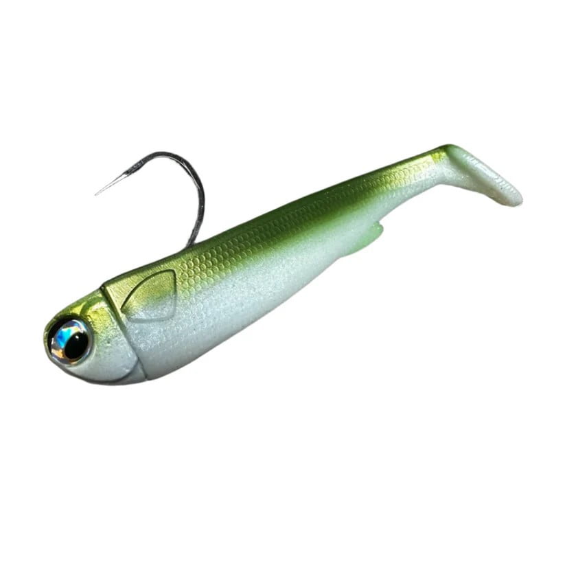 R & R Tackle (4 Pack) Pre- Rigged 1.5oz Olive and Pearl White SlideBait Jighead with 7/0 Mustad Black Nickel Hook