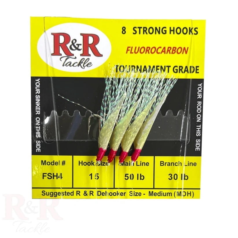 R & R Tackle (5 Pack) 4 Hook FISH SKIN SABIKI RIG #15, RAINBOW FLASH WHITE/RED HEAD -50 lb. Main, 30 lb. Branch
