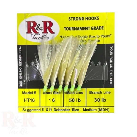 R & R Tackle (5 Pack) 6 Hook White Feather Fish Skin Sabiki # 16 -50 lb. Main, 30 lb. Branch