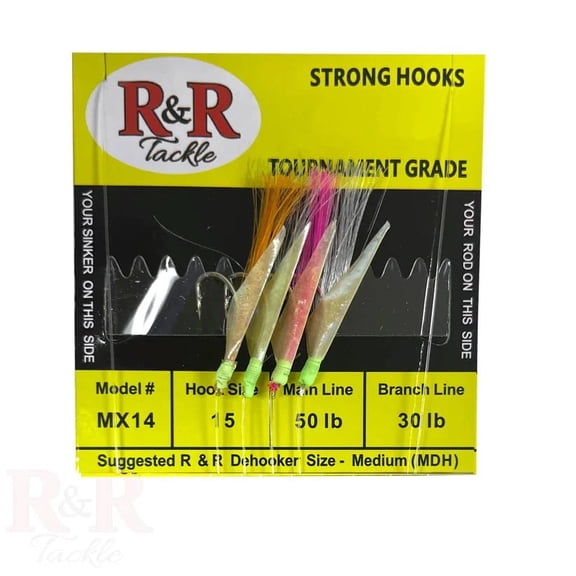 R & R Tackle (5 Pack) Fish Skin SABIKI RIG #15, 4 Hook White/Orange/Green/Pink Nylon