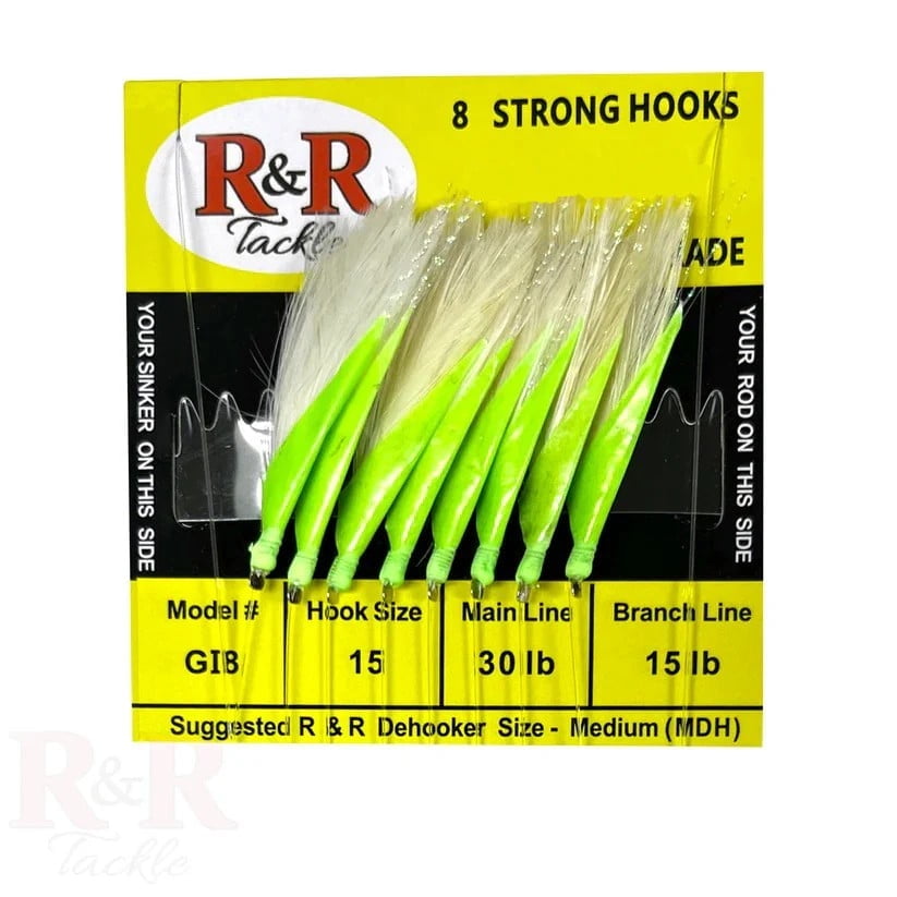 R & R Tackle (5 Pack) Goggle Eye Monofilament  8 Hook White Feather Fish Skin SABIKI