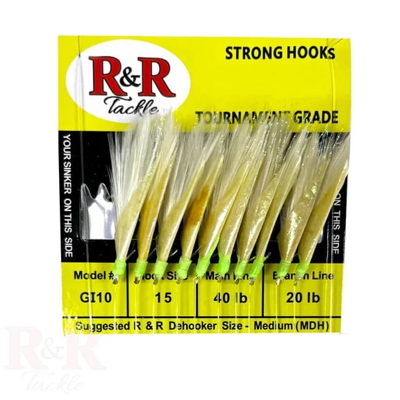 R & R Tackle (5 Pack) Monofilament 10 Hook White Feather SABIKI RIG