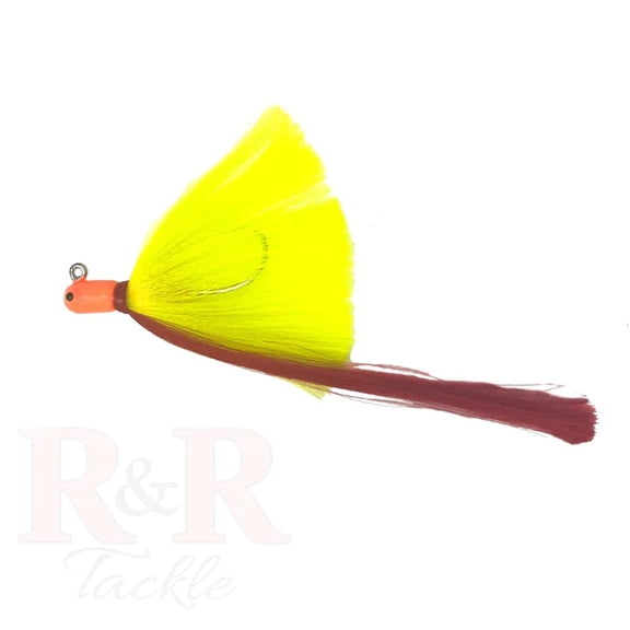 R & R Tackle (6 Pack) 1.5 oz Flarehawk Jig with orange head, chartreuse skirt, and red nylon streamer.