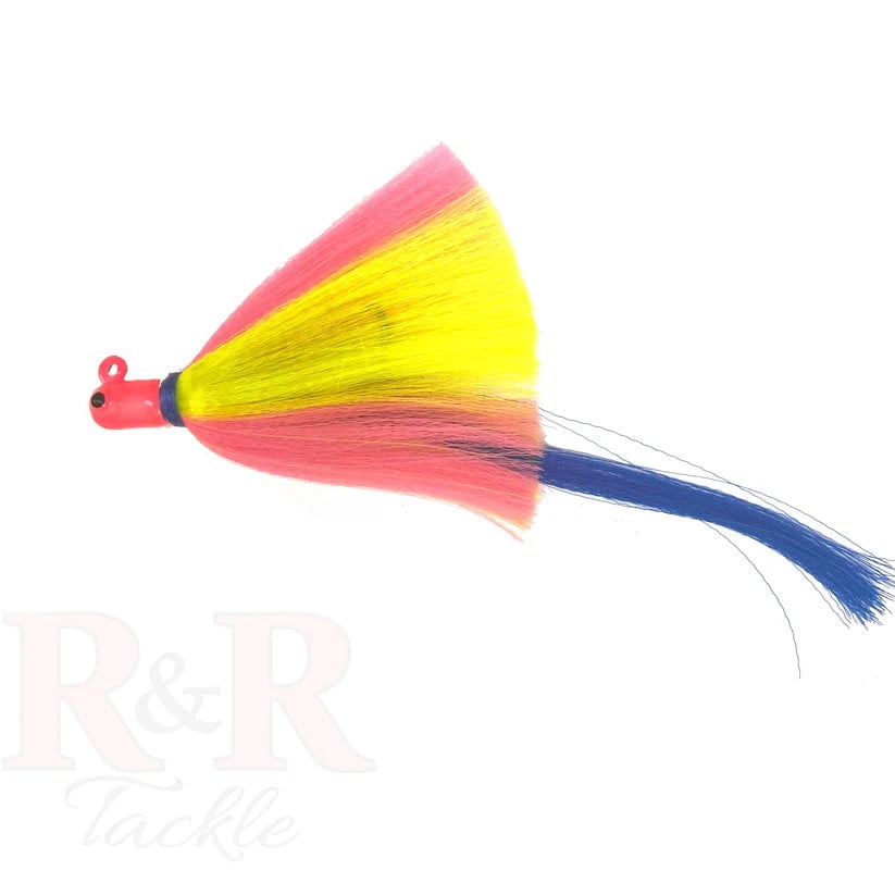 R & R Tackle (6 Pack) 1.5 oz Flarehawk Jig with pink head, pink/chartreuse skirt, blue nylon streamer.