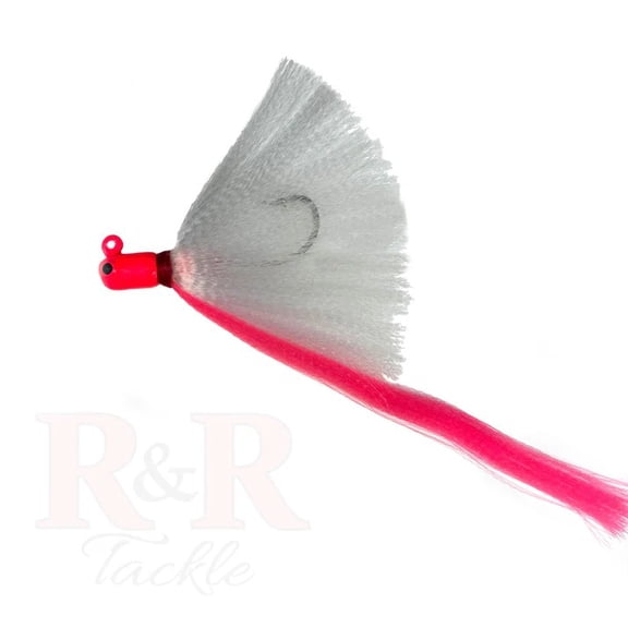 R & R Tackle (6 Pack) 1.5 oz Flarehawk Jig with pink head, white skirt, pink streamer.