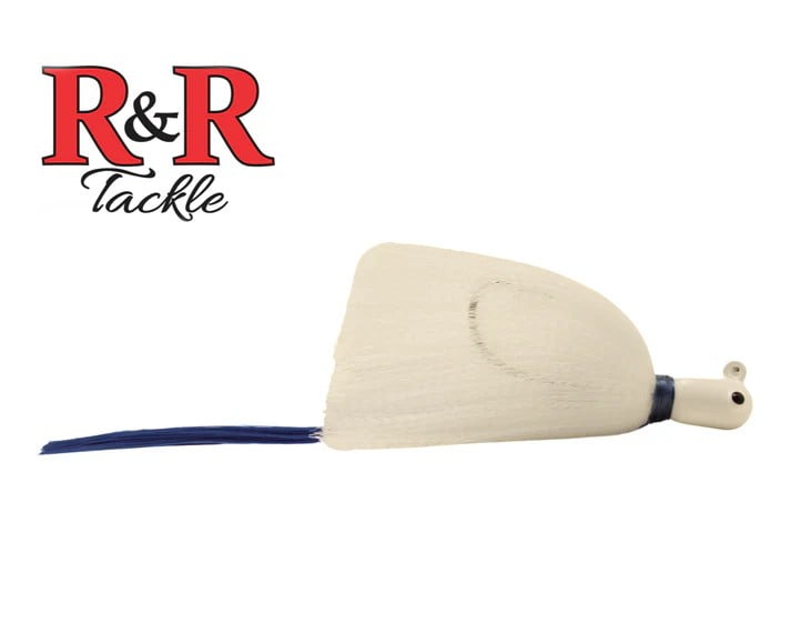 R & R Tackle (6 Pack) 1.5 oz Flarehawk Jig with white head, white skirt, and blue nylon streamer.