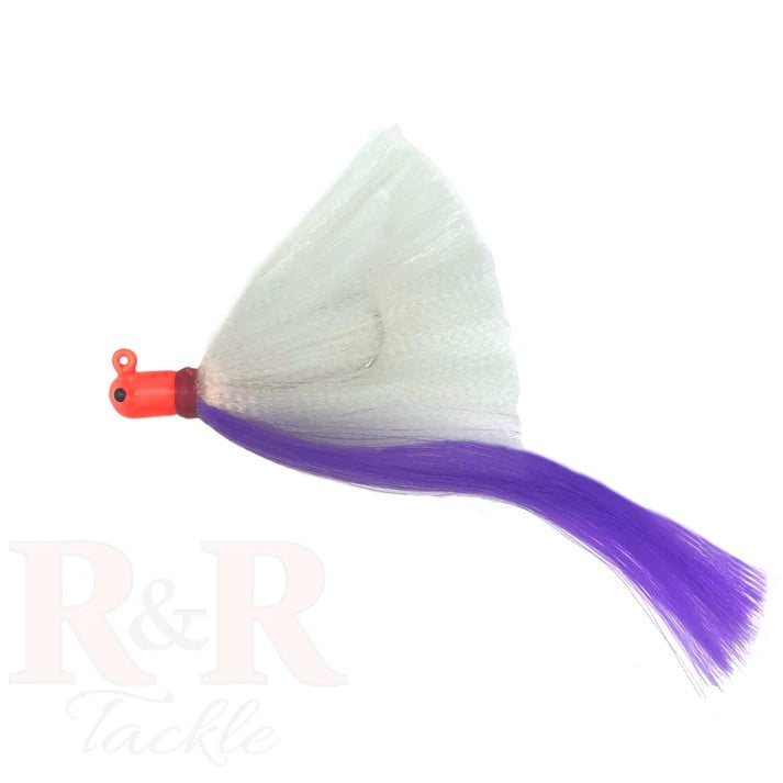 R & R Tackle (6 Pack) 1 oz Flarehawk Jig with orange head, white skirt, and purple nylon streamer.