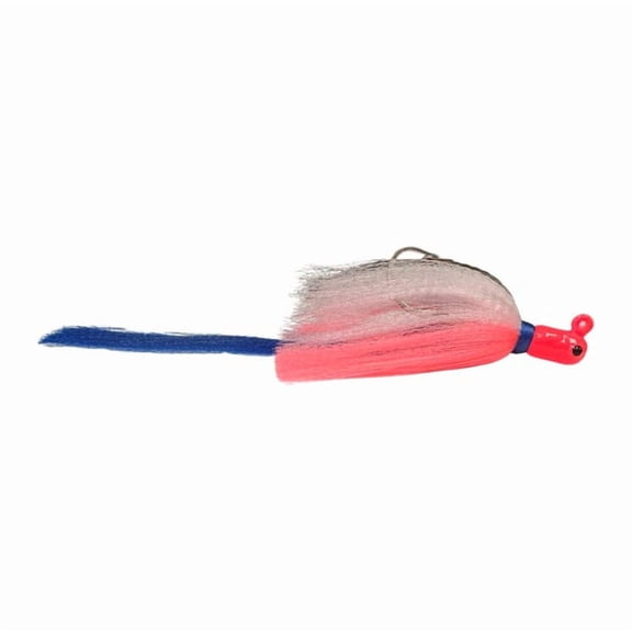 R & R Tackle (6 Pack) 1 oz Flarehawk Jig with pink head, white/pink skirt, blue streamer.