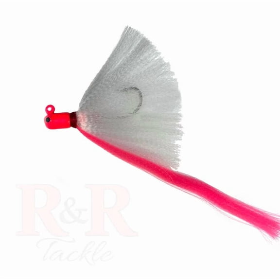 R & R Tackle (6 Pack) 1 oz Flarehawk Jig with pink head, white skirt, pink streamer.