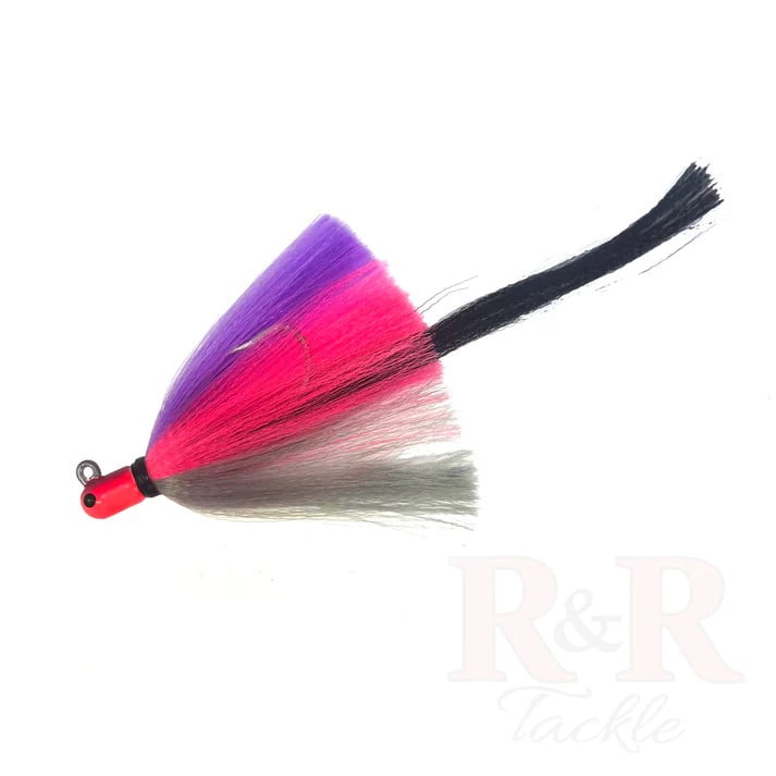 R & R Tackle (6 Pack) 1 oz Flarehawk Jig with purple/pink head, purple/pink/gray skirt and black streamer.