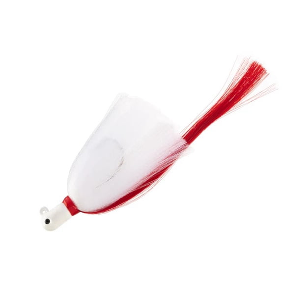 R & R Tackle (6 Pack) 1 oz Flarehawk Jig with white head, white skirt, and red nylon streamer.