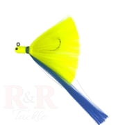 R & R Tackle 6 Pack 2 oz Flarehawk Jig with chartreuse head, chartreuse skirt, and blue nylon streamer.