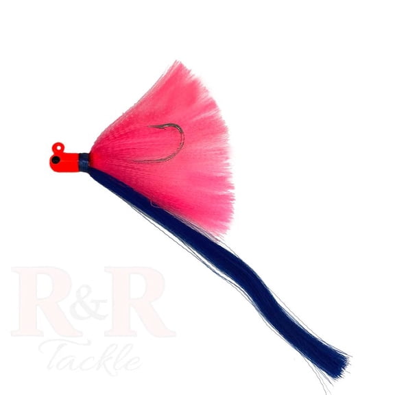R & R Tackle (6 Pack) 2 oz Flarehawk Jig with orange head, pink skirt, and blue nylon streamer.