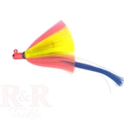 R & R Tackle 6 Pack 2 oz Flarehawk Jig with pink head, pink/chartreuse skirt, blue nylon streamer.
