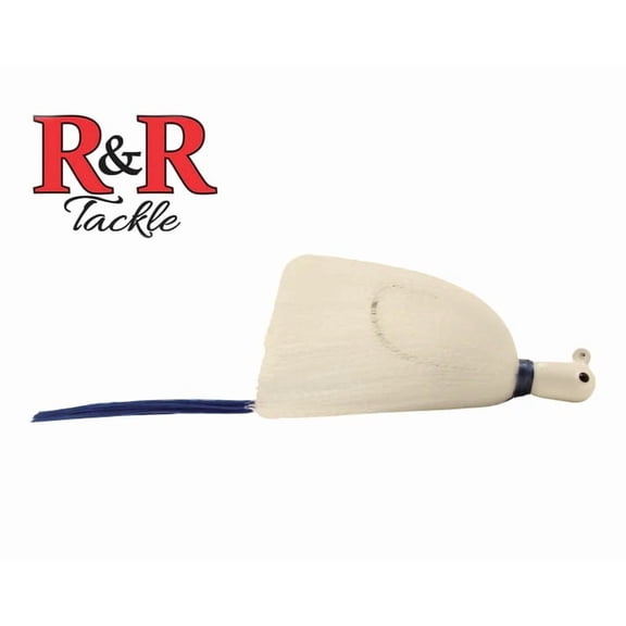 R & R Tackle (6 Pack) 2 oz Flarehawk Jig with white head, white skirt, and blue nylon streamer.