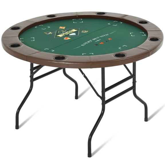 Poker Table 48 Inch, Foldable Round Texas Holdem Table with 8 Player Seating, Cup Holders & Padded Rails, Casino Card Game Table for Home