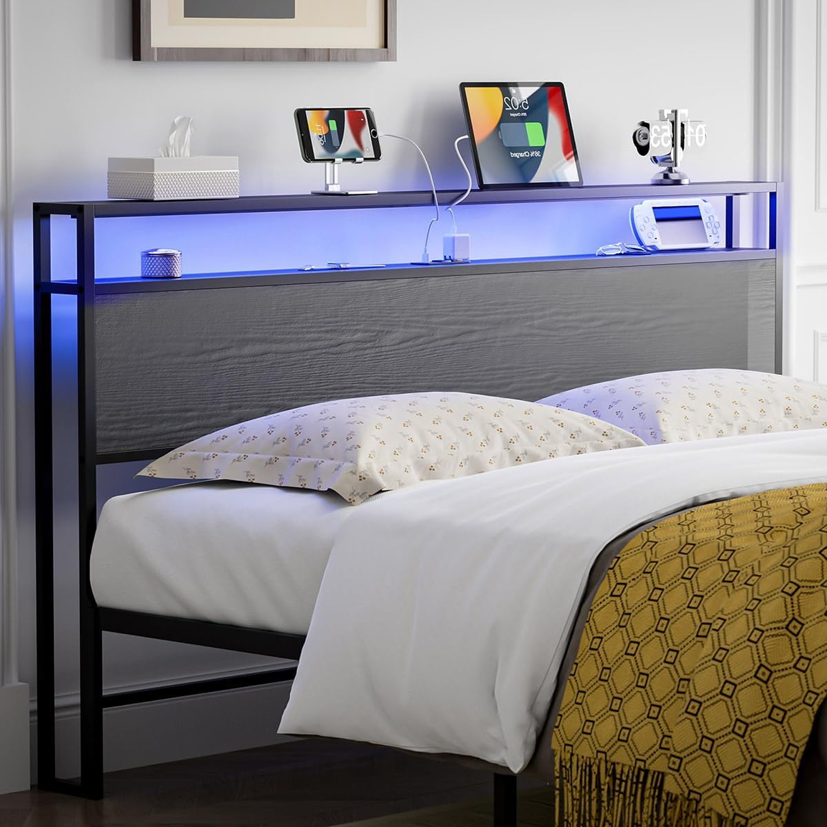 R RUIVIVRE Twin Size Storage Headboard with LED Lights & Charging