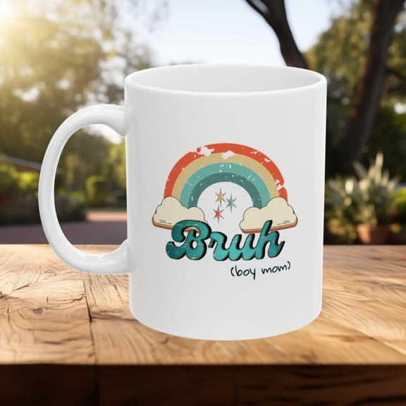 R Rainbow Bruh Boy Mom Coffee Mug, Funny Mother's Day Gift.