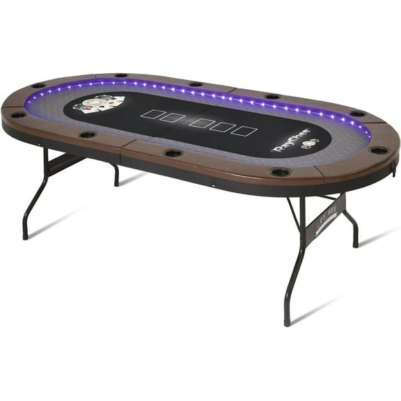 RayChee Poker Table Foldable, 10 Player Folding Texas Holdem Table w/Inlaid LED Light, 2 USB & 2 Type-c Ports, Portable Blackjac for Texas Card Game w/Cup Holders and Padded Rails(Brown, 84 inch)