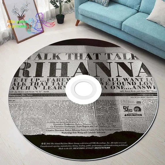 R-Rihanna CD Rug Music Round Mat Round Rug Round Carpet Bathroom Mat Black Mat Home r Rug Living Room Kitchen