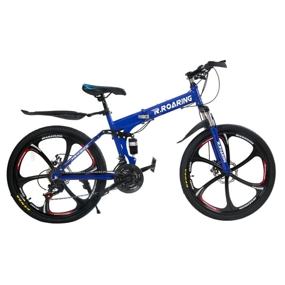 R.Roaring Mountain Bike 26 inch Folding Bicycle 21 Speed 6 Spoke, Blue