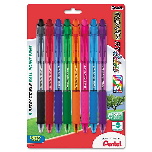 Pentel R.S.V.P. RT Retractable Ballpoint Pen 1mm Clear Barrel Assorted Ink 8/Pack BK93CRBP8M