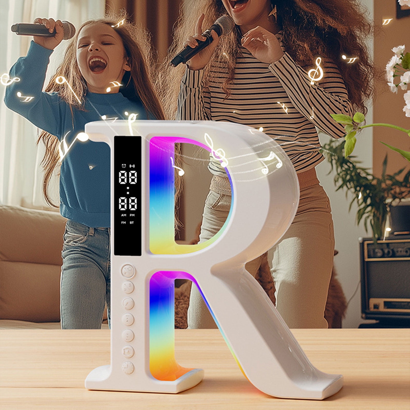 R Shaped Bluetooth Desktop Speaker, Wireless Audio Speaker With Mood Light, Wireless Charging Speaker Clock, Lyrics Subtitle Display Speaker, Multifunctional Desktop Music Speaker