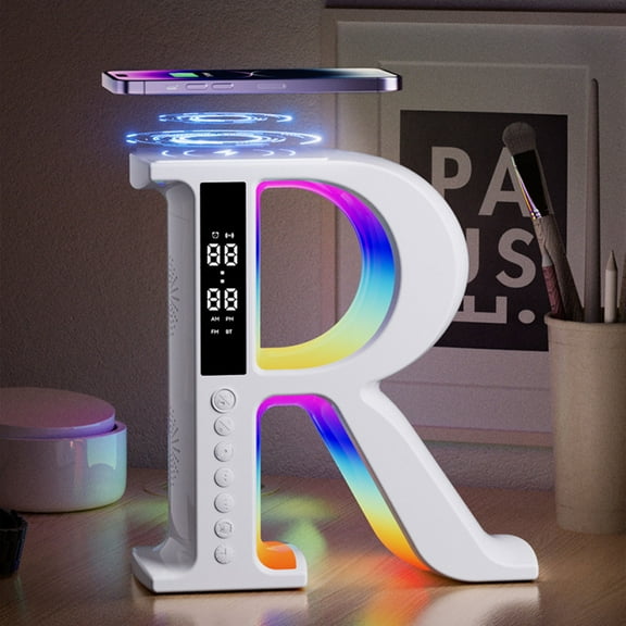 R-Shaped Bluetooth Speaker with 7-Color Mood Light, Wireless Charging Clock, Lyrics Display, and Subtitle Feature for Desktop Use, Perfect for Home Office and Party ambiance