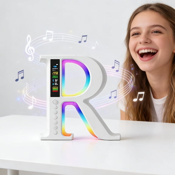R Shaped Bluetooth Speaker with Wireless Charging, 7 Color Ambient Light Clock Display, Digital Alarm Clock with Lyrics Display, Desktop Speaker for Home Office, 9.8 Inches
